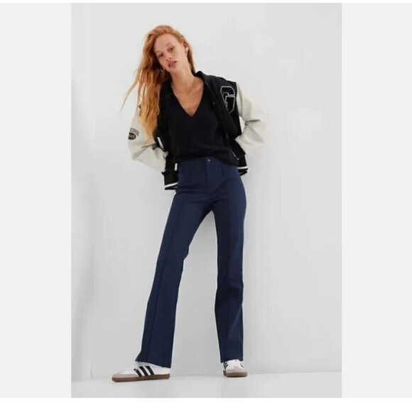 GAP High Rise Flare Stretch Pants Pintuck Pleat Navy Blue Size 8 RT$80 NWT - Picture 7 of 16